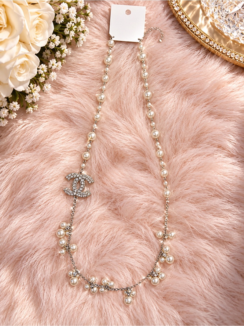 Source Unknown Pearl and Rhinestone Logo Pendant Necklace in Cream and Silver